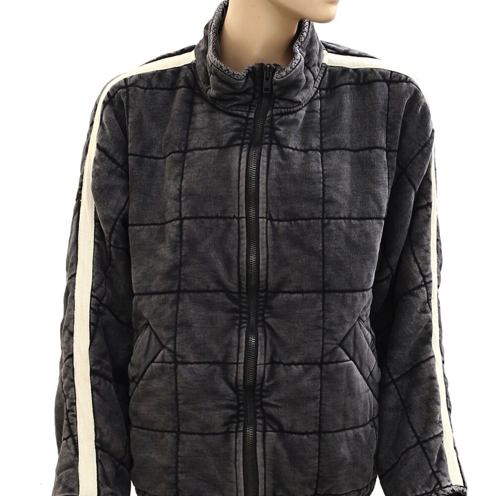 Free People Charcoal Quilted Puffer Jacket with Cream Sleeve Stripes - Picture 2 of 7